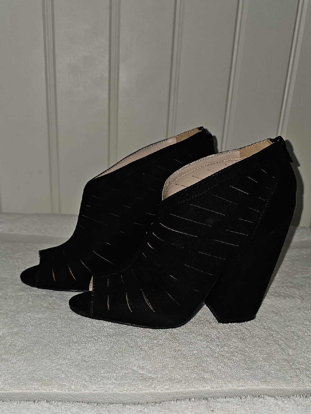 Ashley Stewart Black Peep-Toe Suede Cutout Block Heels